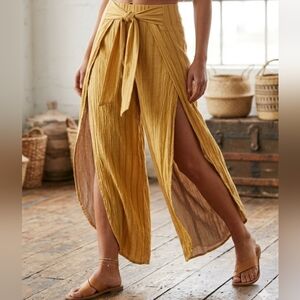 Forever 21 Mustard Tie-Waist Split-Leg Wide Pants